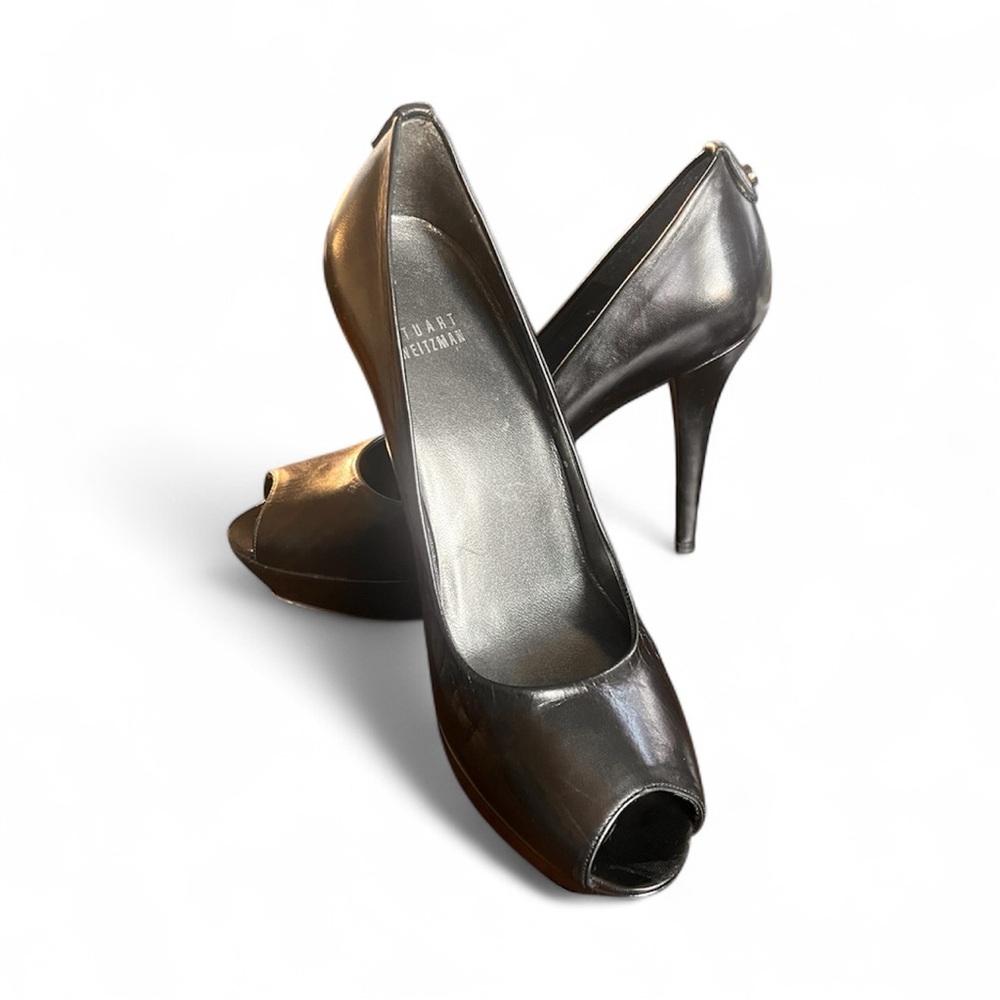 Stuart Weitzman Black Leather Peep-Toe Platform Pumps